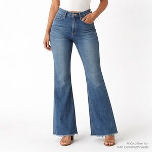 Medium Wash Stretch Bootcut Flare Jeans High Rise Frayed Hem Size 16